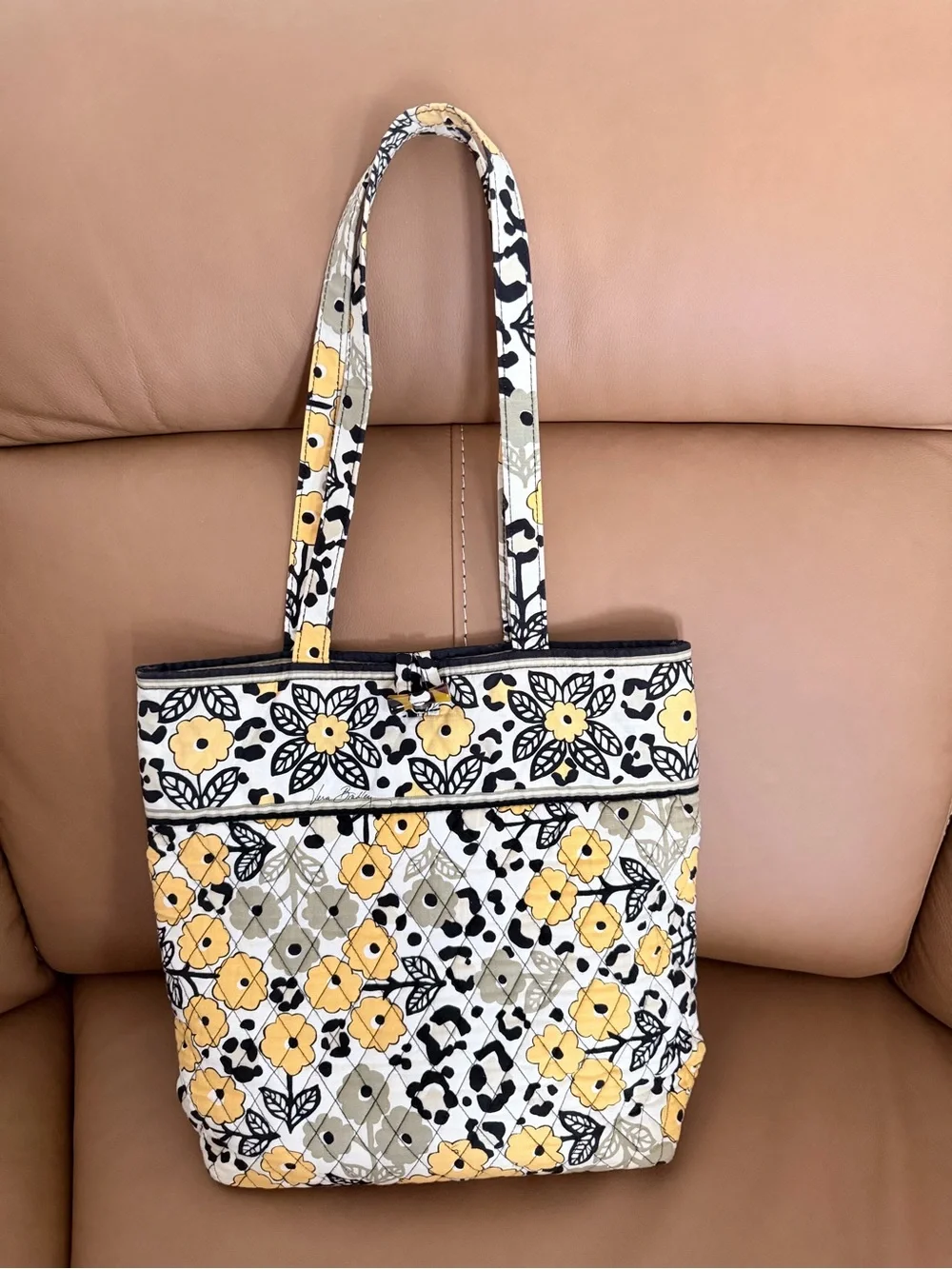 Vera Bradley Yellow and Black Quilted Floral Tote Interior Pocket 12” H x 11” W